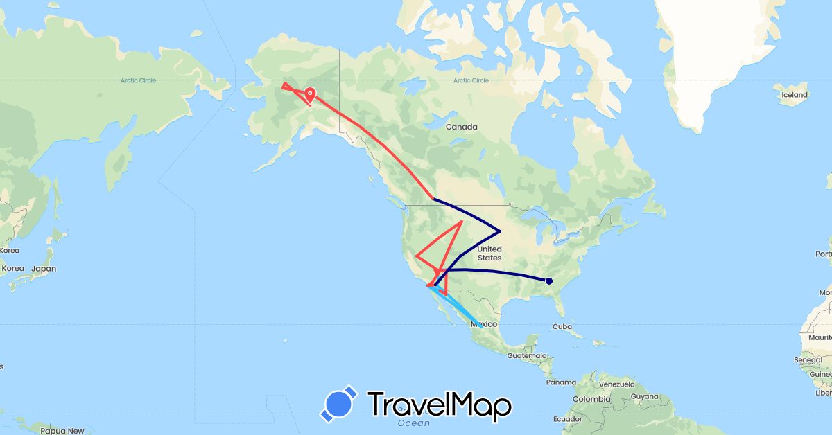 TravelMap itinerary: driving, hiking, boat in Canada, Mexico, United States (North America)